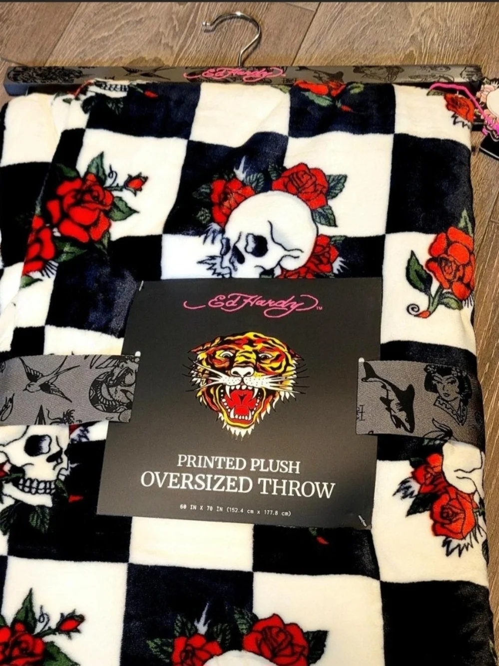 Ed Hardy Black White Checker Skull & Red Rose Plush Throw